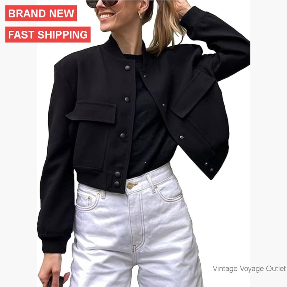 Cropped Bomber Jacket Button Down Varsity Shacket… - image 1